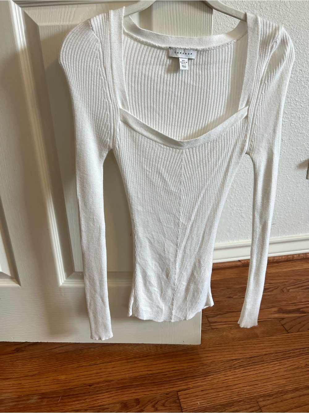 Topshop White Ribbed Long-Sleeve Square Neck Tee